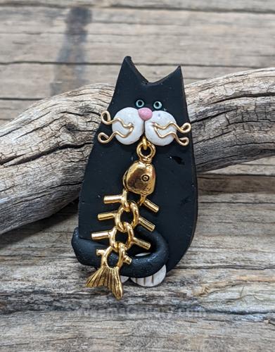 Black Fat Cat with Fish Bones Pin by Lisa Mondy